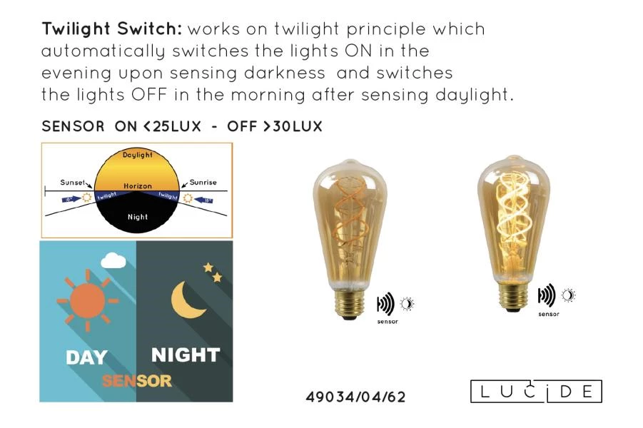 Lucide ST64 TWILIGHT SENSOR - Ampoule filament - Ø 6,4 cm - LED - E27 - 1x4W 2200K - Détecteur Jour/Nuit - Ambre - DETAIL 9